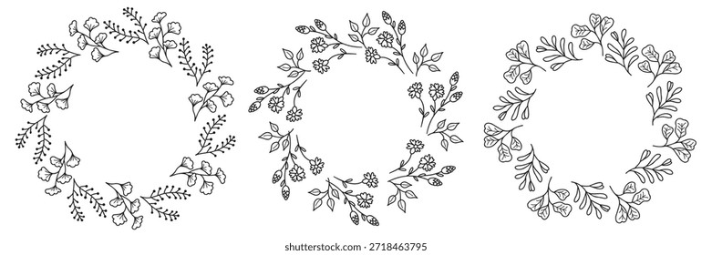 Conjunto de molduras de galhos de flores silvestres. Formas redondas borda de elementos botânicos várias espécies. Plantas de linea preta isoladas em um fundo branco com espaço de cópia. Design vetorial natural para modelo de cartaz.