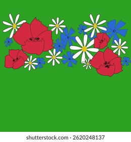Wildflower vector background. Red blue white. Green field base. Floral summer composition.