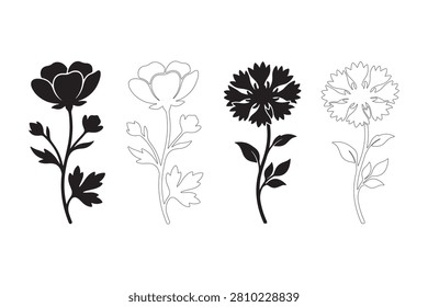 Wildflower vector icon set with black silhouette and linear outline blooming flower art.