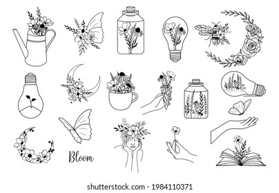 Wildflower vector illustration set. Floral designs bundle, flower moon, bee, butterfly, woman, hands, light bulb, cup, book svg