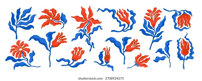 Wildflower vector set with red floral shapes and blue leaves. Decorative spring plants in a flat modern style. Design element for cards, posters, prints, and creative botanical projects.