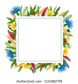 Wildflower vector square frame invitation, celebration, greeting card template. Nature decor with meadow flower. Purple, yellow flower, cornflower and wheat ear decoration for wedding, festival, event