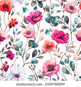 Wildflower Watercolor, Seamless Pattern, Garden Flowers, Floral, Boho, Watercolor Flower, poppy, cornflower, chamomile, background