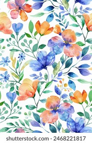 Wildflower Watercolor, Seamless Pattern, Garden Flowers, Floral, Boho, Watercolor Flower. Colorful abstract flowers with leaves arrangement on a bright color background. Pattren design textile.