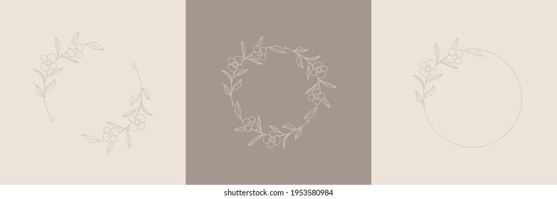 Flor silvestre Boda Wreath círculo Estilo de la línea de marco, Diseño de ilustración vectorial para tarjeta de invitación, boda de invitación o plantilla cosmética