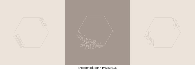 Wildflower Wedding Wreath Hexagon Frame line art style, Vector illustration design for invite card, invitation wedding, cosmetic and logo template, floral frame with copy space for text or letter