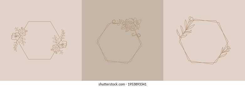 Wildflower Wedding Wreath Hexagon Frame Line Art Style, Vector Illustration Design For Invite Card, Invitation Wedding, Cosmetic And Logo Template, Floral Frame With Copy Space For Text Or Letter