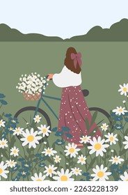 wildflower woman illustration card clipart, cottagecore country landscape print clip art, vector girl images in flat cartoon style.