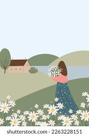 wildflower woman illustration card clipart, cottagecore country landscape print clip art, vector girl images in flat cartoon style.