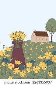 wildflower woman illustration card clipart, cottagecore country landscape print clip art, vector girl images in flat cartoon style.