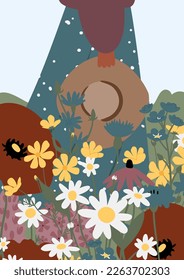 wildflower woman illustration card clipart, cottagecore country landscape print clip art, vector girl images in flat cartoon style.