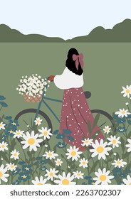 wildflower woman illustration card clipart, cottagecore country landscape print clip art, vector girl images in flat cartoon style.