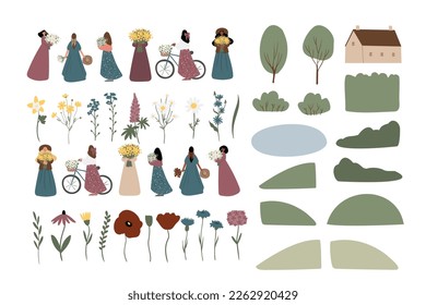wildflower woman illustration clipart, vector cottagecore landscape clip art, png ai svg girl images in flat cartoon style, daisy, columbine, cosmos, forget me not, lupine, phlox svg