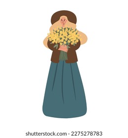 wildflower woman illustration clipart, vector cottagecore landscape clip art, girl images in flat cartoon style
