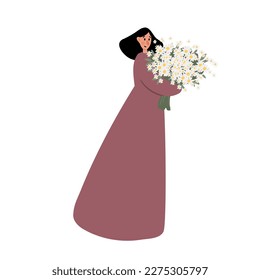 wildflower woman illustration clipart, vector cottagecore landscape clip art, girl images in flat cartoon style