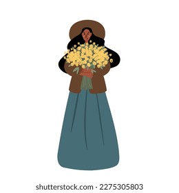 wildflower woman illustration clipart, vector cottagecore landscape clip art, girl images in flat cartoon style