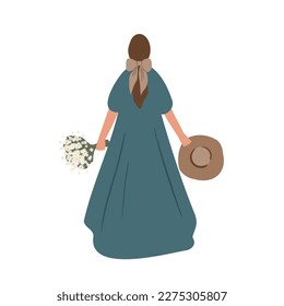 wildflower woman illustration clipart, vector cottagecore landscape clip art, girl images in flat cartoon style