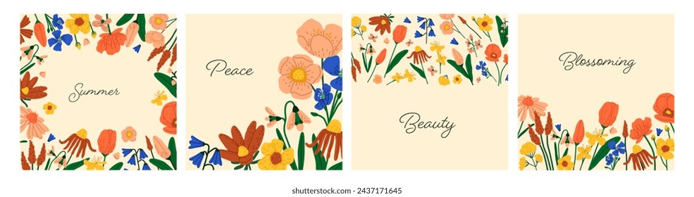 Wildflowers art on cards set. Postcard with blossom meadow, flowers: tulips, buttercup, bell, lilies of the valley. Summer field plants. Wild flora frame, floral decor. Flat vector illustrations
