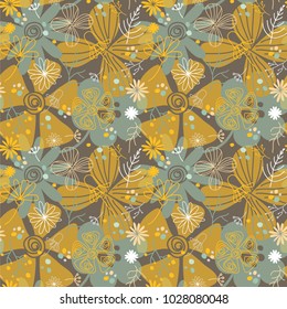 Wildflowers artistic drawing seamless pattern. Doodle hand drawn flowers, daisies, leaves on brown background. Creative vector design for textile liberty print, floral banner, wallpaper,wrapping paper