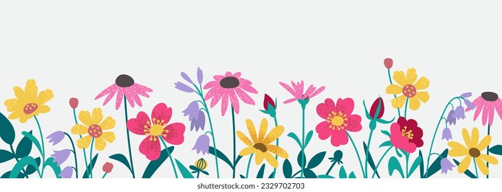 Der Hintergrund von Wildblumen umfasst handgezeichnete Blumengrenzen mit Textur. Die Natur inspirierte minimalistisches und einfaches Design. Vektorgrafik.
