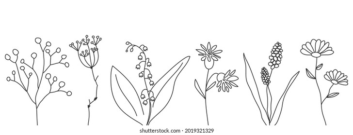 Pancarta de Wildflowers. Cartel de flores en línea. Plantilla para invitación a la boda. Tarjeta de saludo con plantas. Ilustración del contorno del vector