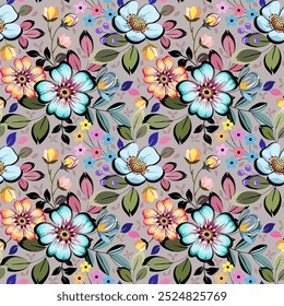 Wildflowers in beautiful blue, yellow, and pink tones, hand drawn, seamless, on a dark gray striped background. Designed for fabric, fashion, textiles, wallpaper, gift wrap.