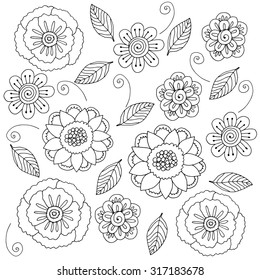 Wildflowers beautiful doodle art flowers. Black and white pattern. Hand drawn herbal design elements. 