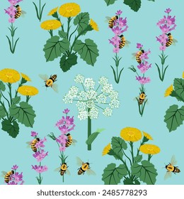 Wildflowers and bees on a blue background. Summer seamless vector illustration. To decorate textiles, packaging
