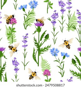 Wildflowers and bees on a white background. Seamless vector illustration. For decorating textiles, packaging, wallpaper.