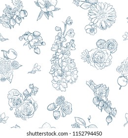 Wildflowers berries seamless pattern Hand drawn vector illustration vintage style Background gooseberries, strawberries