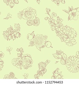 Wildflowers berries seamless pattern Hand drawn vector illustration vintage style Background gooseberries, strawberries