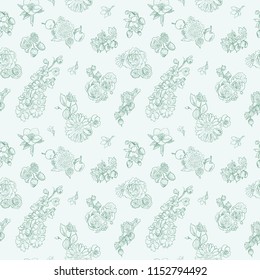 Wildflowers berries seamless pattern Hand drawn vector illustration vintage style Background gooseberries, strawberries