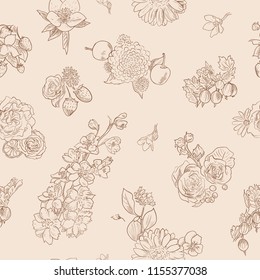 Wildflowers berries seamless pattern Hand drawn vector illustration vintage style Background gooseberries, strawberries