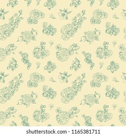 Wildflowers berries seamless pattern Hand drawn vector illustration vintage style Background gooseberries, strawberries