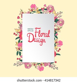 Wildflowers, berry and butterfly Floral Border and White Label With Place For Text. Flowers Arranged in a Shape Of Square Frame on Light Yellow Background. 