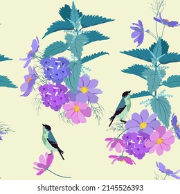 Wildflowers and birds on a light background. Summer seamless vector illustration. To decorate textiles, packaging.