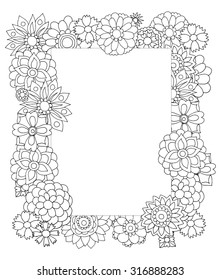 Wildflowers. Black and White floral vector frame. Set of beautiful doodle floral ornaments. Black-and-white.