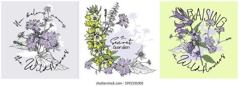 Wildflowers. Blooming grass. Bellflowers (Campanula), Coral bells (Heuchera), Pink (Dianthus campestris) and yellow Garden loosestrife campestris). Hand drawn style print. Vector illustration.