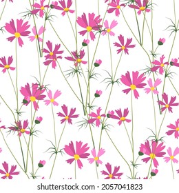 Wildflowers in blossom, blooming flora with leaves and petals. Simple botanic ornament with pink flourishing and leaves, foliage and leafage. Seamless pattern or background, print or wallpaper, vector