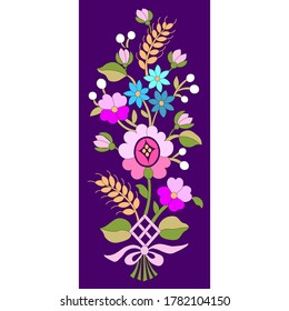 Wildflowers blue,purple,pink,spikelets of wheat,hand-drawn stylized vector flowers,bouquet on a white background,pattern for embroidery on clothes of a folk costume for a lady,postcard printing