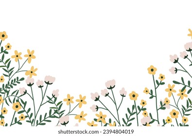 Las flores silvestres bordean con flores primaverales y hojas verdes. Banner botánico con flores, hierbas para la decoración. Flores praderas y de campo aisladas de fondo blanco. Ilustración vectorial en estilo plano