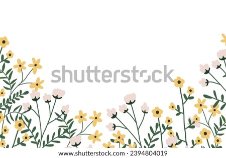 Wildflowers border with spring flowers and green leaves. Botanical banner with floral, herbs for decoration. Meadow and field flowers isolated on white background. Vector illustration in flat style