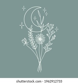 Wildflowers bouquet crescent moon with stars. Islamic religious symbol Ramadan holiday. Design element for logos icons. Vector illustration