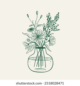 Buquê de flores silvestres. Flores desenhadas à mão e plantas selvagens. Design para decoração de parede, impressão, cartão postal, tampa. Ilustração vetorial