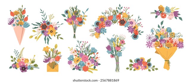 Wildflowers bouquet with leaves and petals, branches and foliage design. Vector isolated floral composition with twigs and leafage in special paper and envelope. Shop or store assortment collection