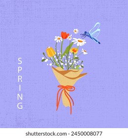 Wildflowers bouquet paper packaging textured blue background. Dragonfly daisies tulips daisies. Spring poster square banner. Flat vector illustration