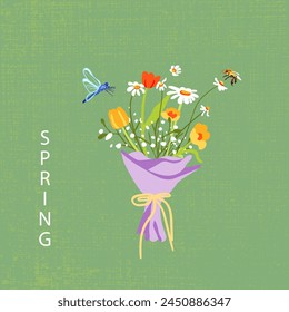 Papel de ramo de flores silvestres que empaqueta el fondo verde texturizado. Margaritas de abeja libélula margaritas tulipanes. Póster de primavera Anuncio cuadrado. Ilustración vectorial plana