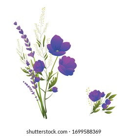 
Wildflowers. Bouquets of lavender, ornamental foliage. Vector flowers in flute style. Design for wedding and print products. Design elements for canvas.