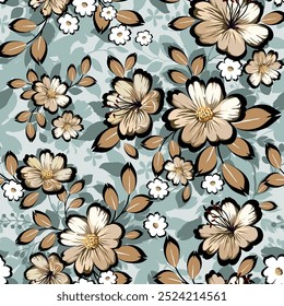 Wildflowers in brown tones Hand drawn gray, seamless, on a light blue-gray background. Designed for fabric, fashion, textiles, wallpaper, gift wrap.