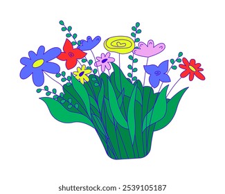 Wildflowers bunch 2D cartoon object. Bush flowers. Shrub plants blooming. Greenery blossom botanical. Lush floral bouquet isolated element flat vector clipart on white background. Spot illustration